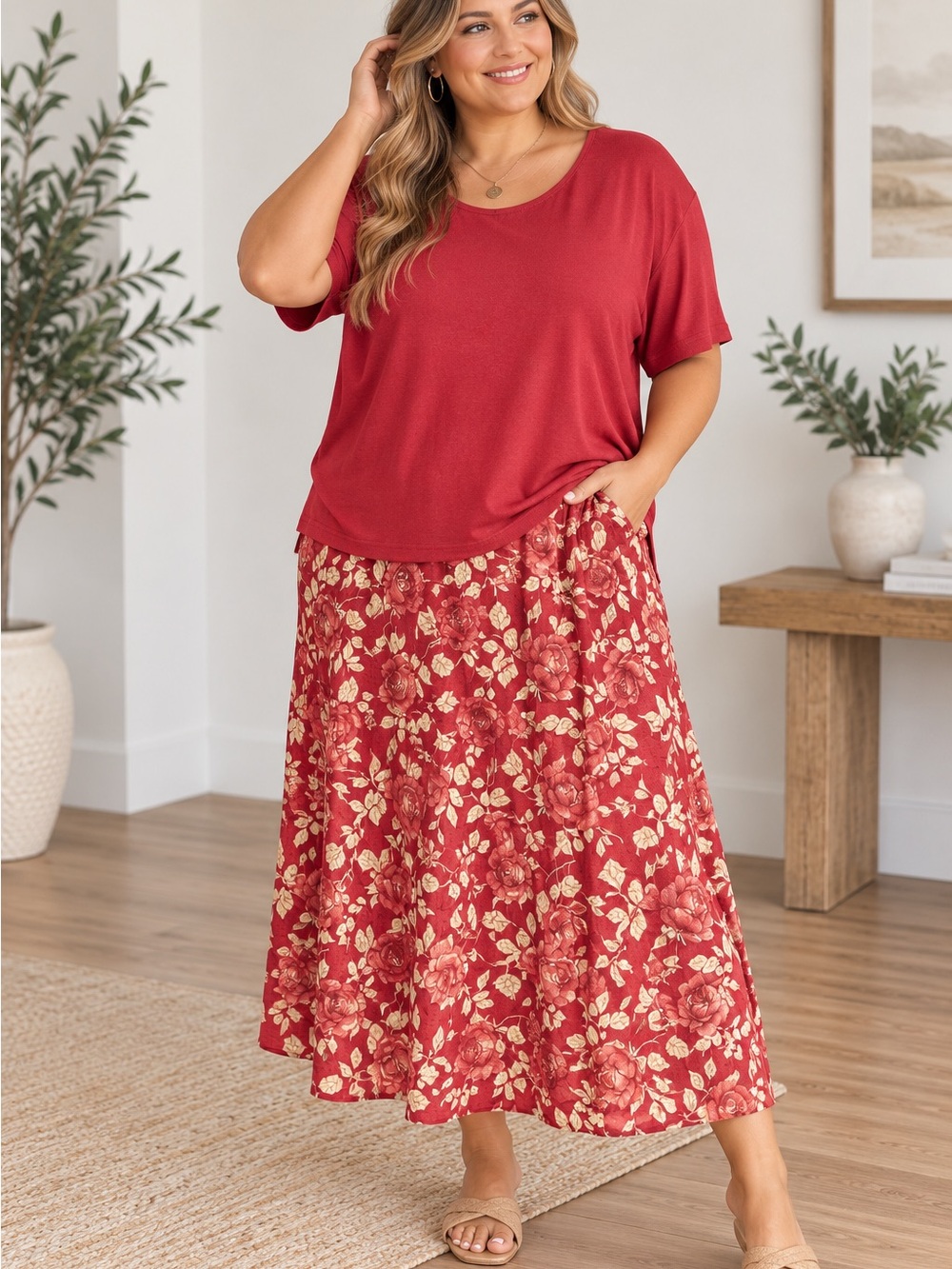 Plus Size 1X Red Floral Maxi Skirt & Top 2 Piece Set